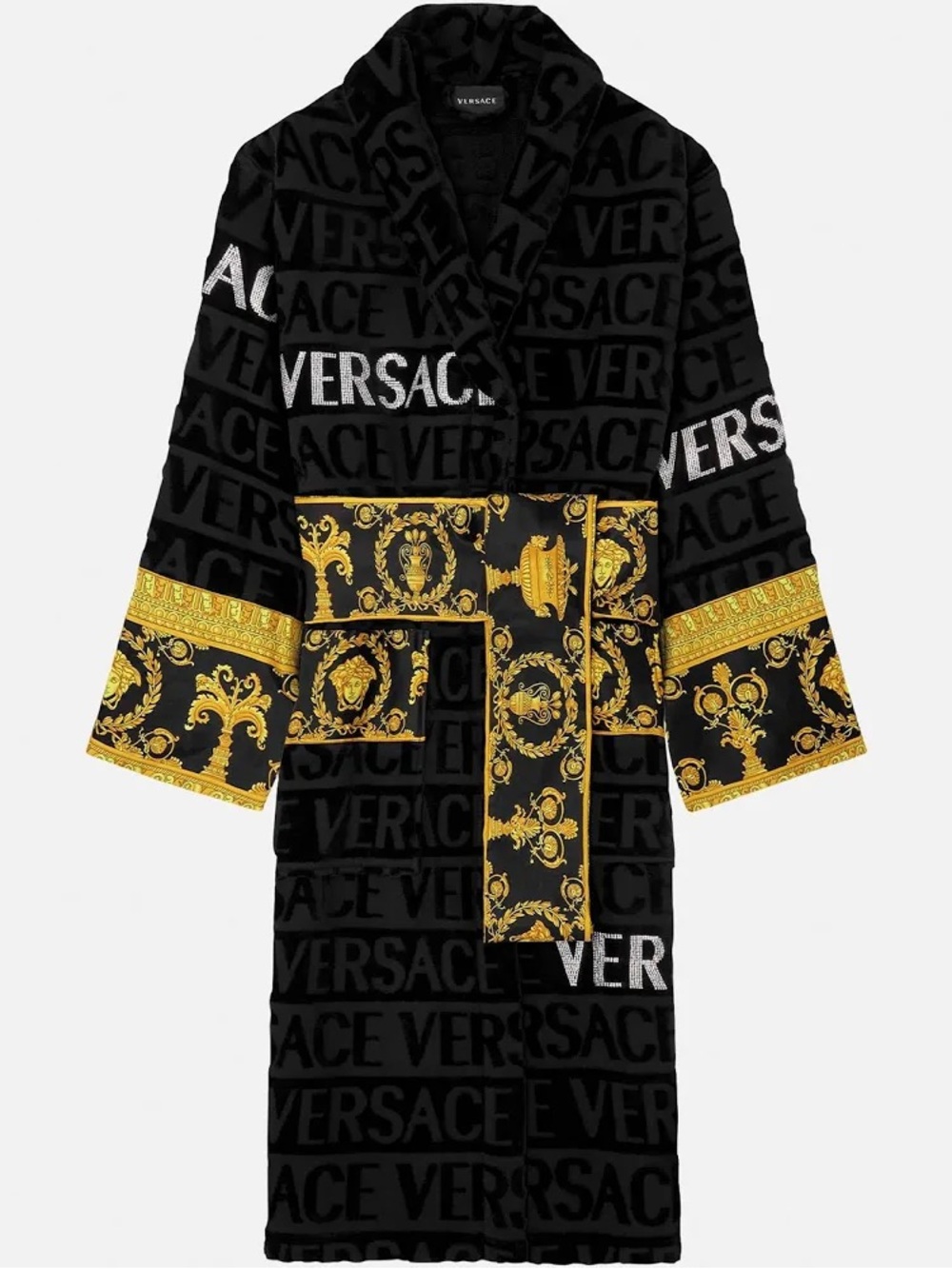 Versace Crystal Bathrobe Black and Gold Medusa Swarovski Jacquard Robe